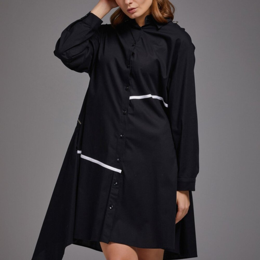 Vor Nisantasi NWOT asymmetrical black white button down ruffle zip shirt dress L